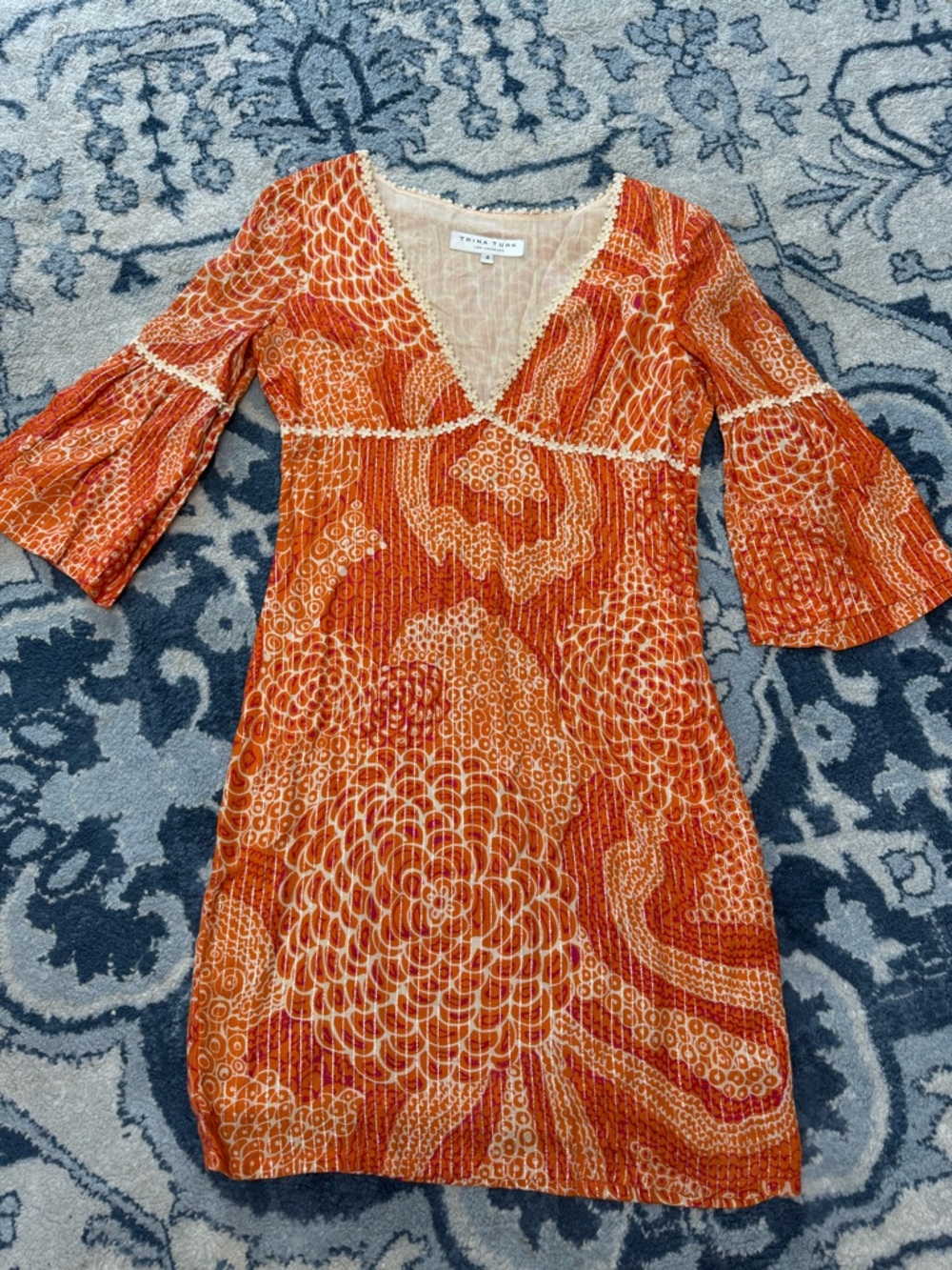 TRINA TURK Vintage Orange Renaissance Bohemian Flower Border Trim Mini Dress 4